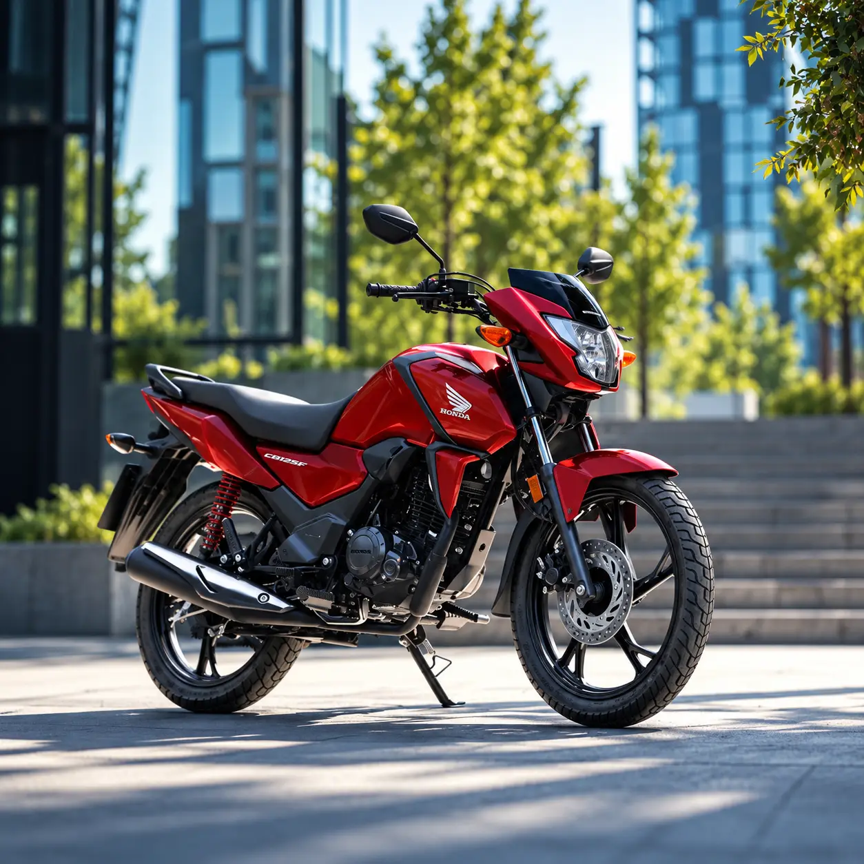 Kırmızı Honda CB125F Şehir Meydanında Örnek Görsel